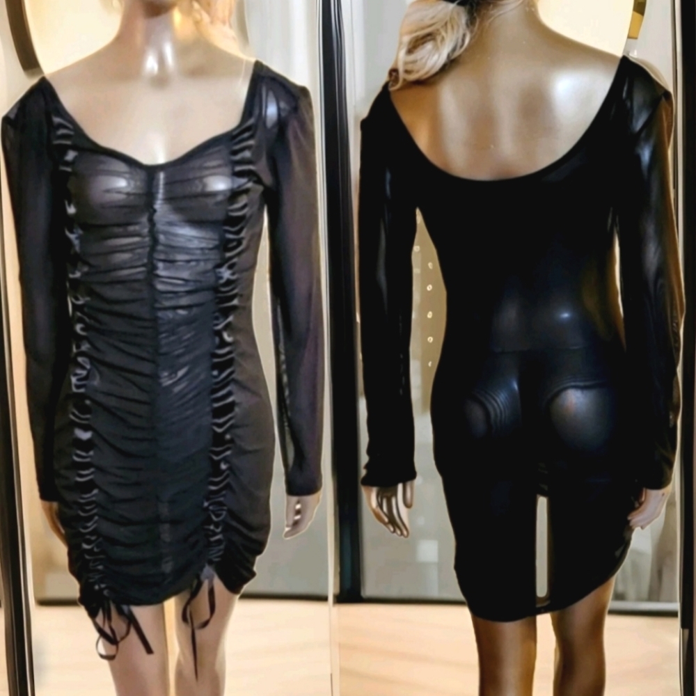 NWOT Sexy Black Sheer Mesh Ribbon Detail Ruched Mini Dress Sz M